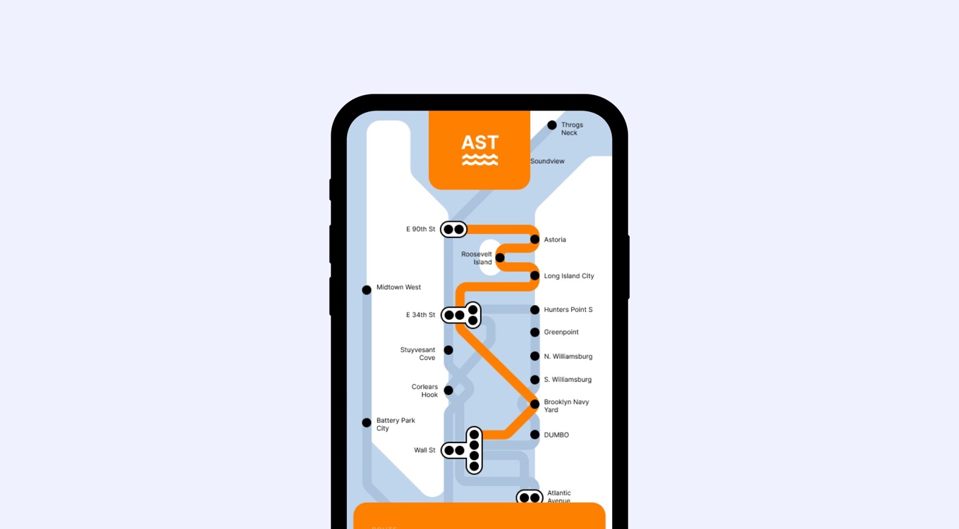 iPhone showing the Go Ferry Go map with an orange Astoria route highlighted, station dots for E 90th St, E 34th St and Wall St, and an AST route tab at the top.