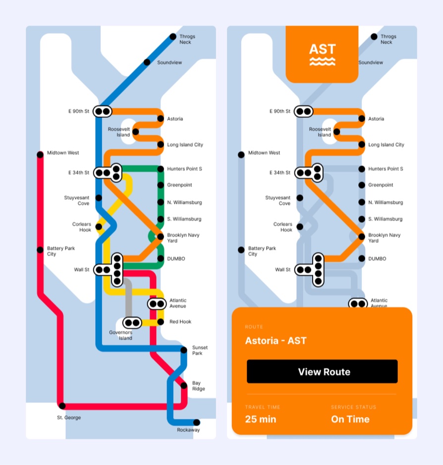 Two Go Ferry Go screens. The left shows the full ferry map with each route in its own color. The right shows the Astoria route selected, with an orange panel reading Astoria - AST, 25 min travel time and On Time status.