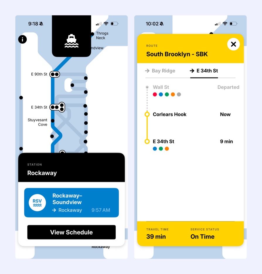 Two Go Ferry Go screens. The left shows a Rockaway station panel with a Rockaway-Soundview departure at 9:57 AM and a View Schedule button. The right shows the South Brooklyn route with stops, departure times and a 39 min travel time.