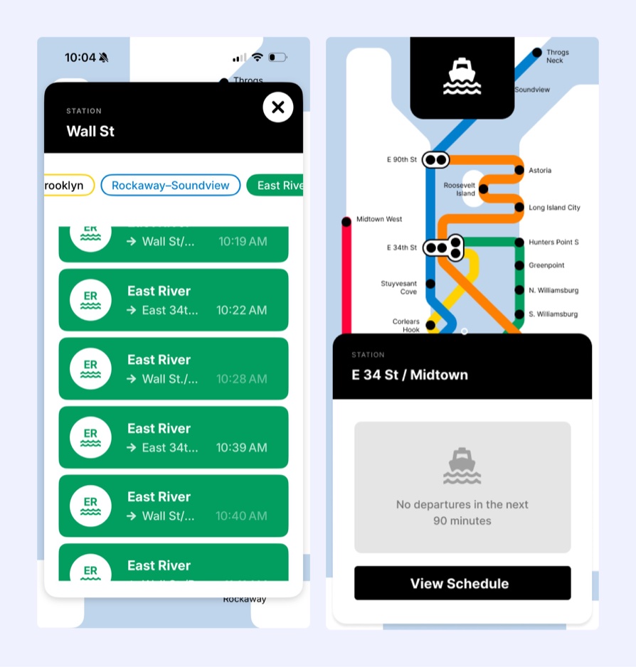 Two Go Ferry Go screens. The left shows a Wall St station list of East River departures from 10:19 to 10:40 AM. The right shows an E 34 St station panel with no departures in the next 90 minutes.